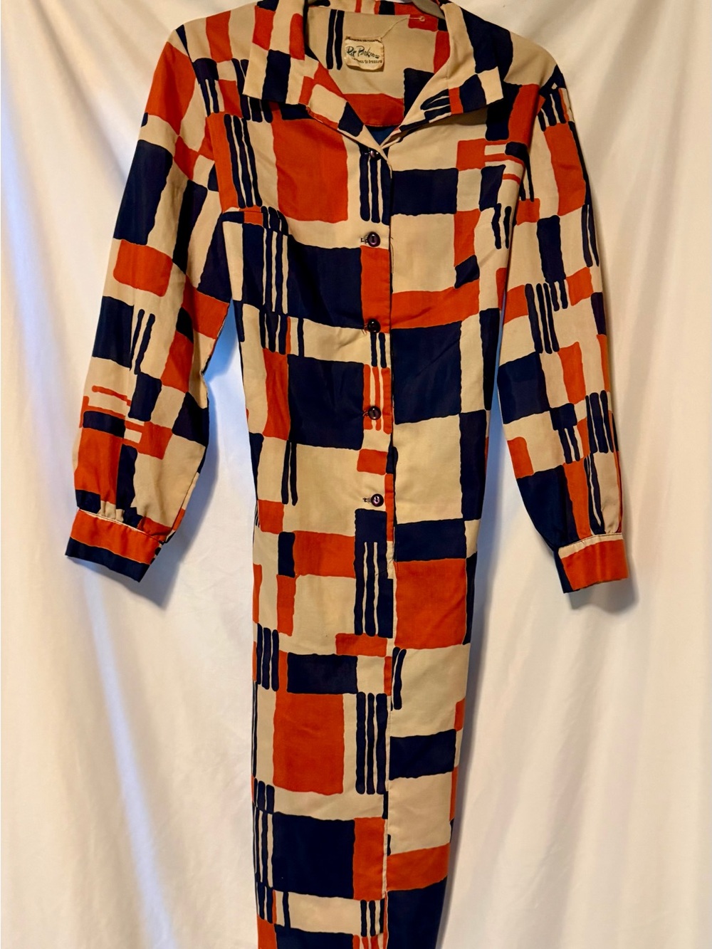 Geometric Print Long Sleeve Shirt Dress - Orange, Navy & Cream